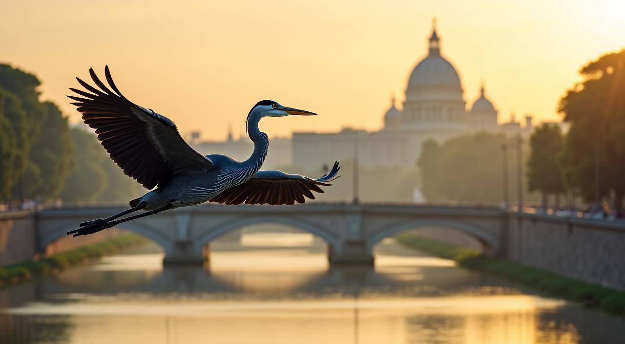 Un airone cinerino in volo sopra il Tevere con lo sfondo di Roma
